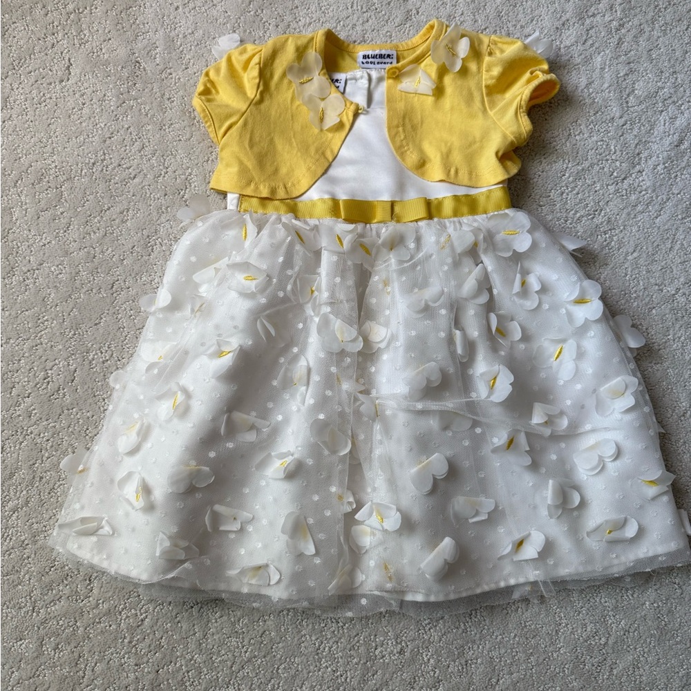 Blueberi Boulevard Yellow and White Dress with Floral Detail, Size 24 months